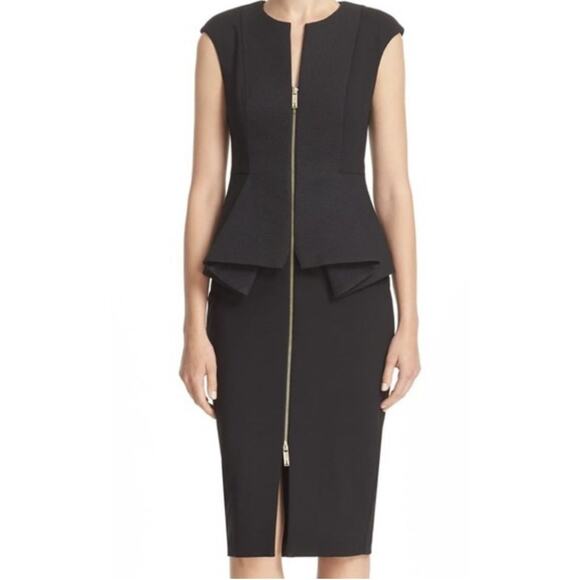 Ted Baker Peplum Dress 4 Black Stretch Jamthum Structured Zip Detail NEW